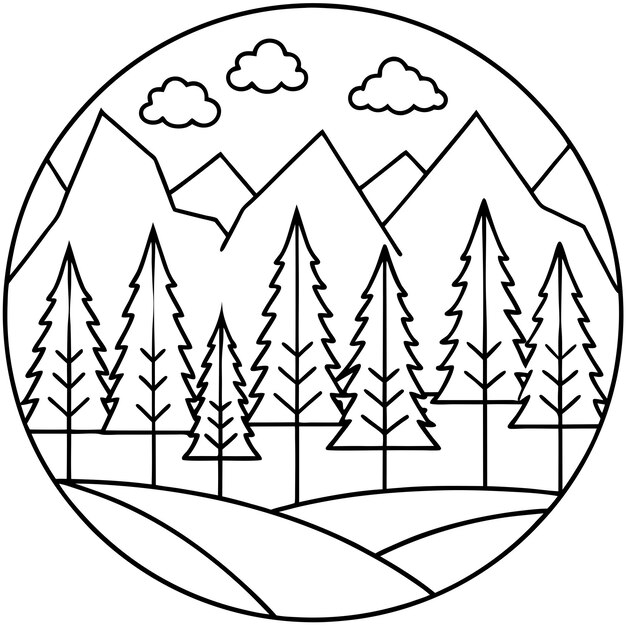 Vector forest landscape outline coloring book page line art drawing