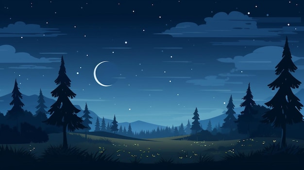 Vector a forest landscape with a moon and stars in the sky