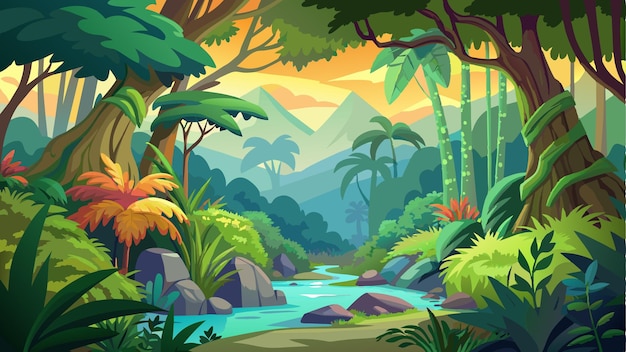 Vector a forest landscape with a river and mountains