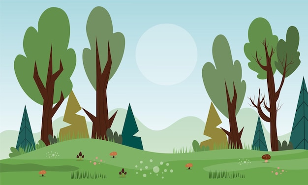 Forest landscape with trees and grass. Vector illustration in flat style.