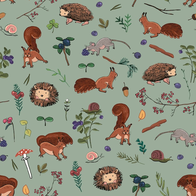 Vector forest little animals squirrel hedgehog mouse vector seamless pattern