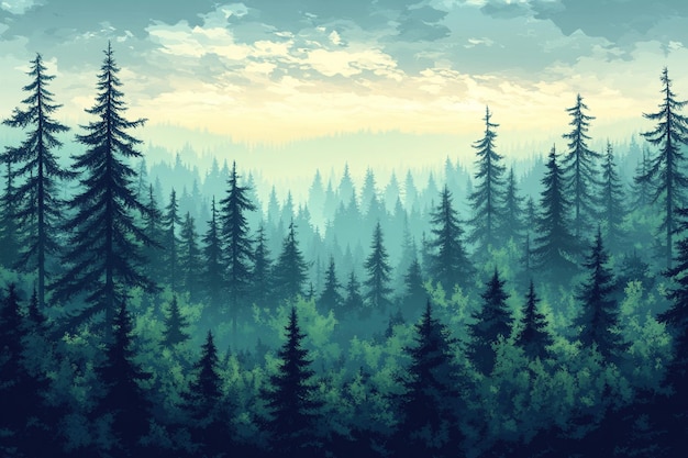 forest in the morning with mountains and clouds