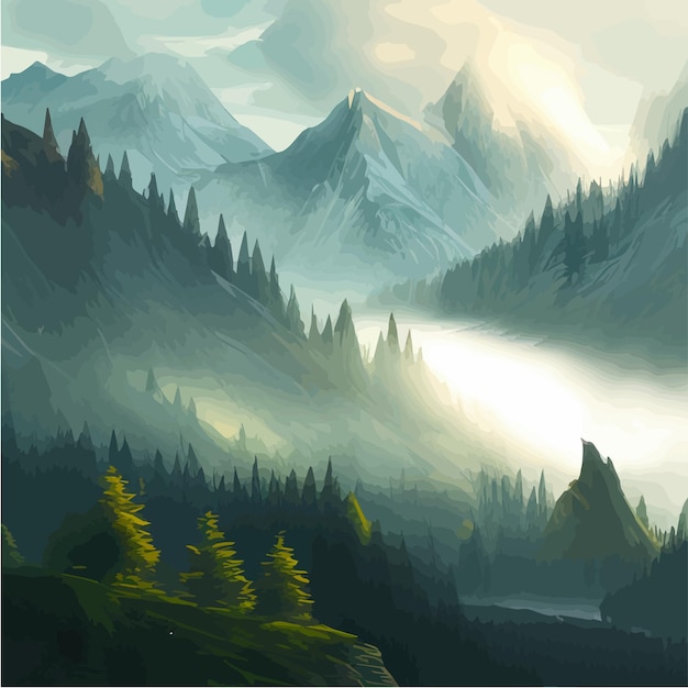 Forest mountain and lake landscape or river at sunrise and sunset with sky and clouds vector