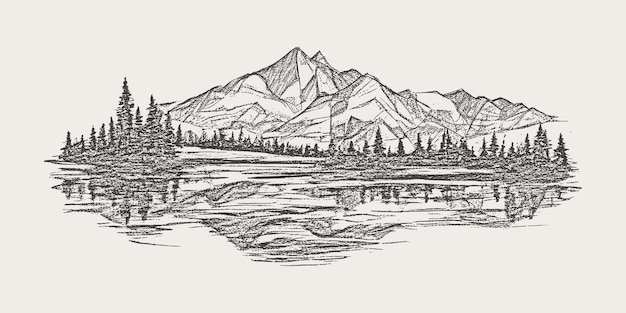 Forest and mountains are reflected in the lake vignette vector sketch pencil drawing