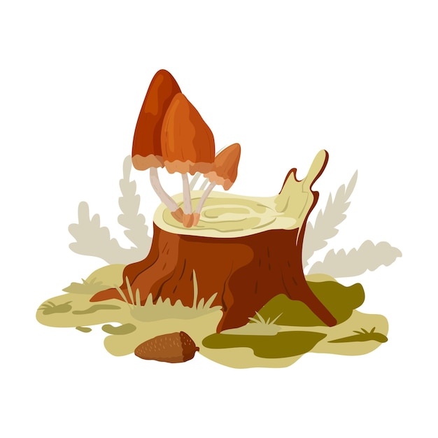 Forest mushrooms on an old stump in cartoon style