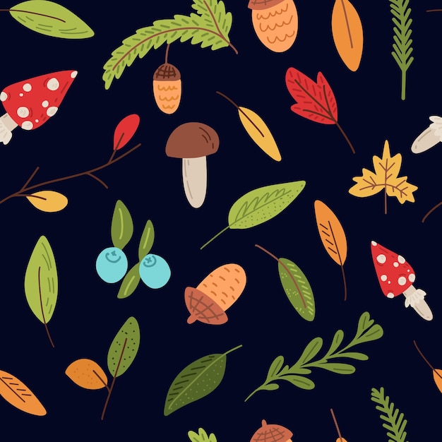 Forest plants seamless pattern. Vector illustration on white background, flat style.