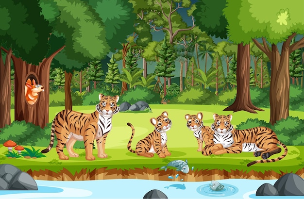 Forest or rainforest scene with tiger family