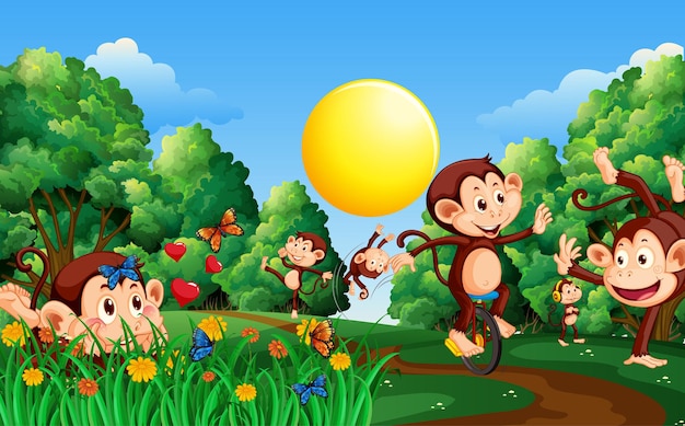 Forest scene with funny monkeys cartoon