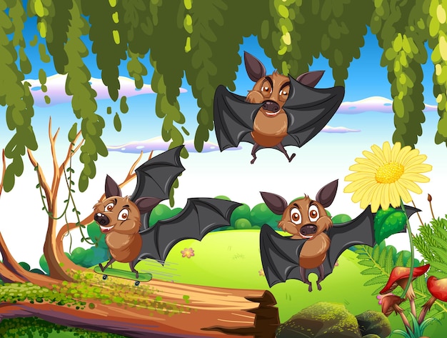 Forest scene with group of bats in cartoon style