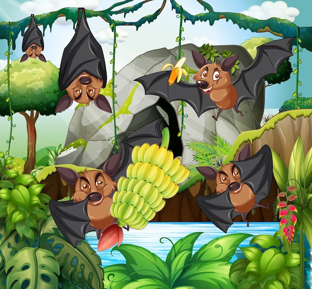 Forest scene with group of bats in cartoon style