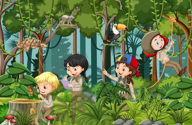 Vector forest scene with many children doing different activities