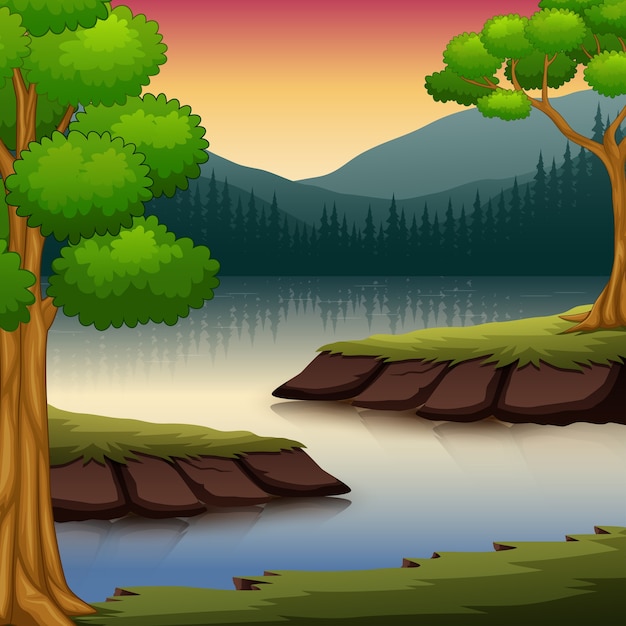 Forest scene with many trees and river illustration