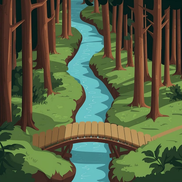 Vector forest scene with meandering river vector illustration