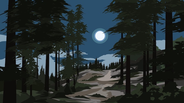 A forest scene with a moon in the sky