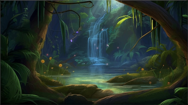 Vector a forest scene with a river and trees game background