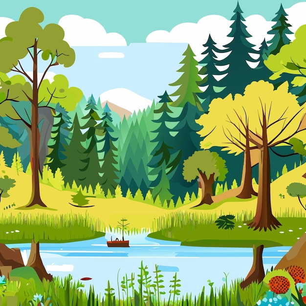 Forest scene with various forest trees and lake