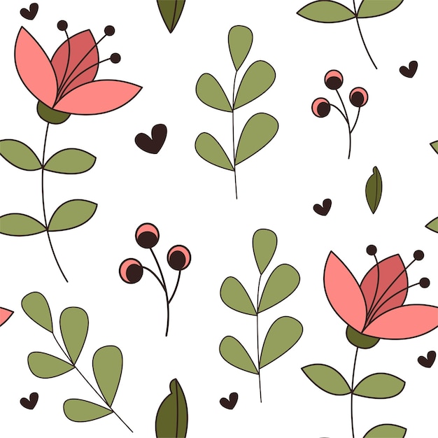 Forest seamless pattering in cartoon style Floral elements flower and leavs Vector illustration