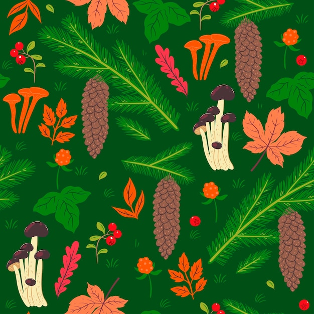 Forest seamless pattern with cones berries mushrooms leaves Vector graphics