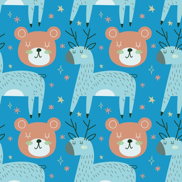 Forest seamless pattern with cute animals deer and bear Vector illustration Scandinavian style flat design Concept for kids textile print poster card EPS