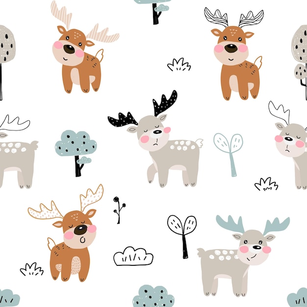 Forest seamless pattern with cute moose and floral elements Cute vector moose background