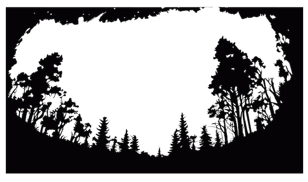 Forest silhouette landscape with white circle moon on black backgroundPine and cypress trees hand