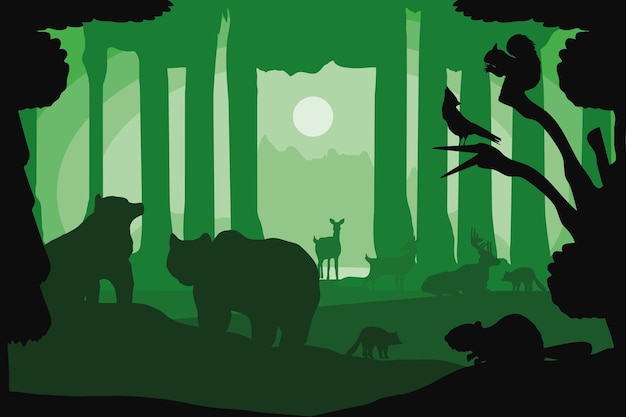 Forest trees animals vegetation silhouette