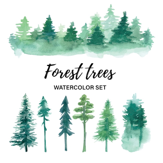 Forest trees watercolor set Green handdrawn vector tree Vector illustration