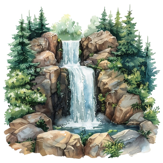 forest waterfall vector illustration in watercolour style