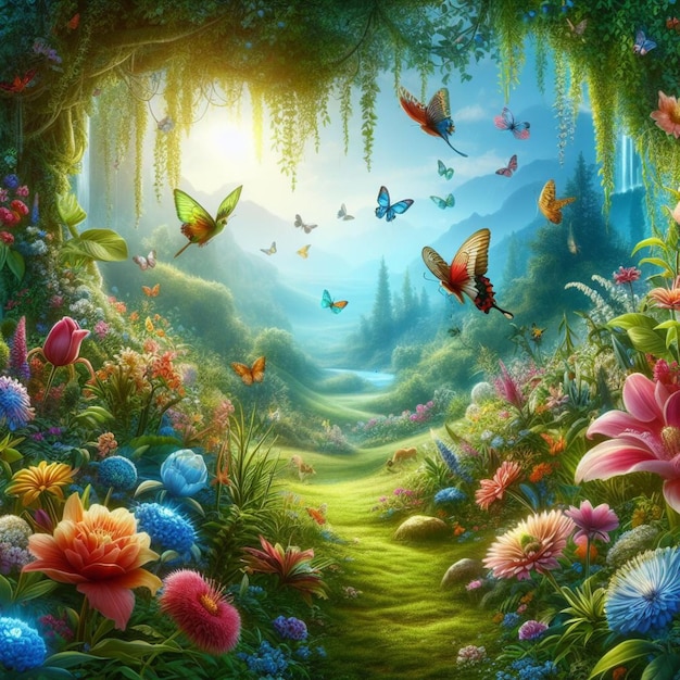 a forest with butterflies and flowers and butterflies