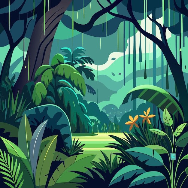 Vector a forest with a green forest and a pond with a tropical flower in the middle