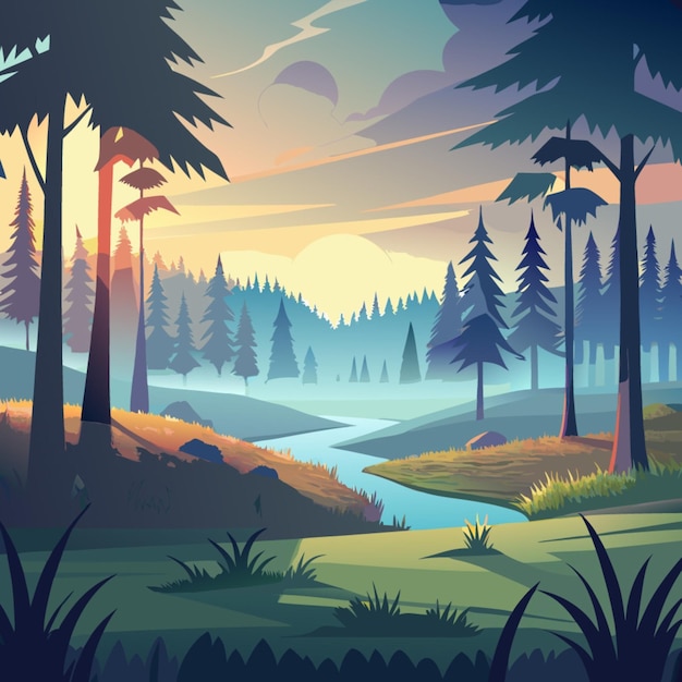 a forest with a river and trees with a sunset in the background