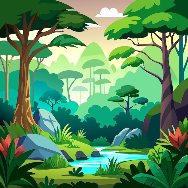 Vector a forest with a river and trees with a waterfall in the background