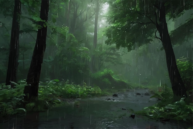 Vector a forest with a stream running through it and a forest with raindrops on the ground