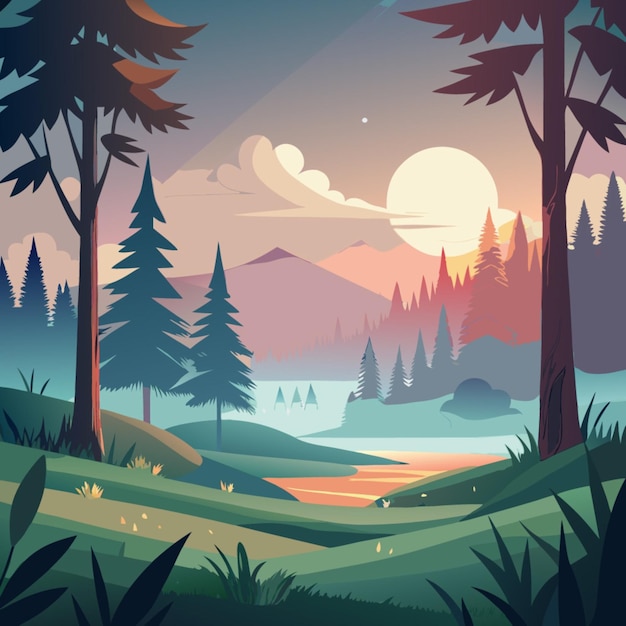 a forest with a sunset and a forest with a forest landscape in the background