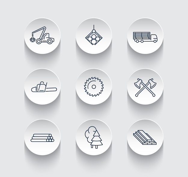 Forestry, Timber, Tree Harvester, line icons on round 3d shapes