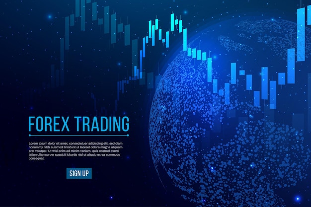 Forex trading banner Candle stock graph chart with planet Earth Stock market investment concepts Global trading on blue background Vector illustration