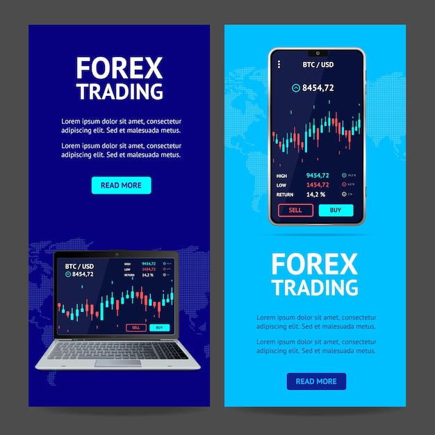 Forex Trading Banner Vertical Set with Realistic Detailed 3d Mobile Phone and Laptop Vector illustration