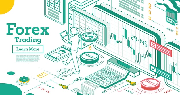 Forex Trading. Outline Isometric Concept. Vector Illustration. Candlestick Chart Graphic Design.