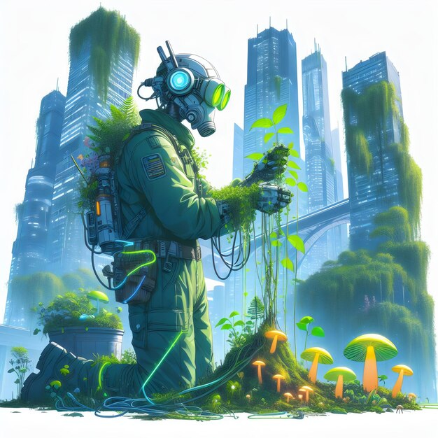 Vector forgotten city an illustration isolated on a white background featuring a robotic botanist