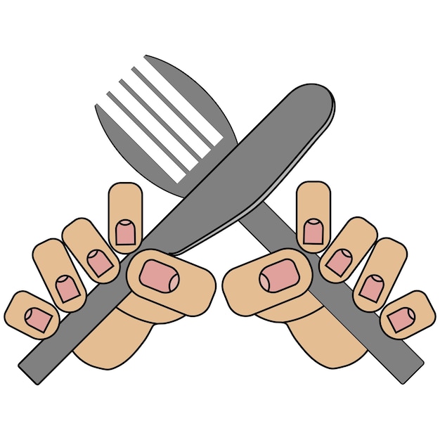 Fork and knife in hands picture isolated on white background in cartoon style in vector graphic