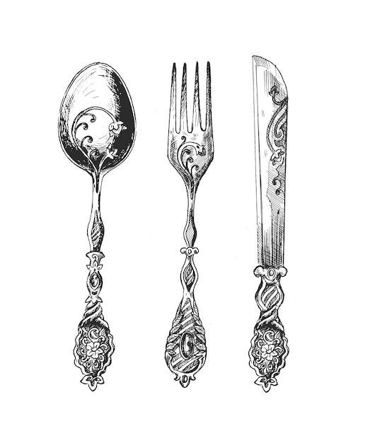 Vector fork knife and spoon vintage hand drawn sketch vector background