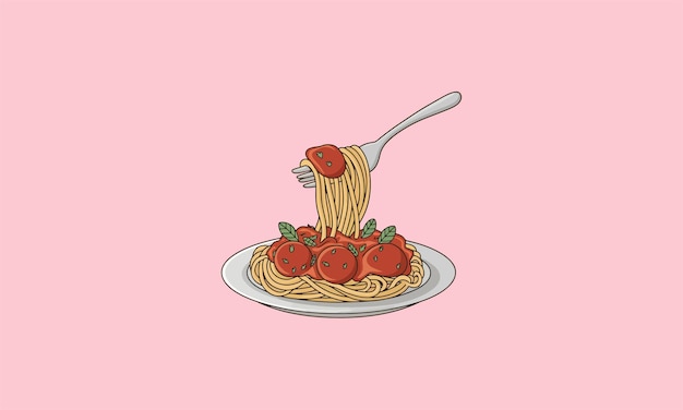 Vector fork twirling spaghetti with tomato sauce and basil