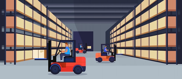 forklift loader working warehouse interior parcel box on rack logistic delivery cargo service concept