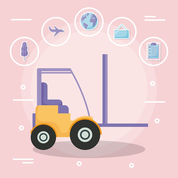 Vector forklift with delivery service with icon set