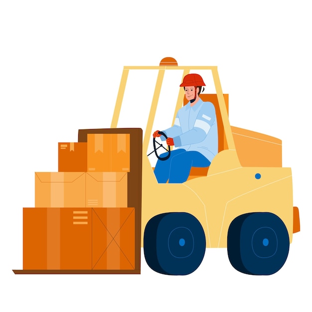 Vector forklift worker driving truck in warehouse vector. forklift driver transportation and storage loading cardboard boxes. character operator man shipping containers flat cartoon illustration