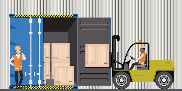 Vector forklift working with cargo container and product wooden boxes vector illustration