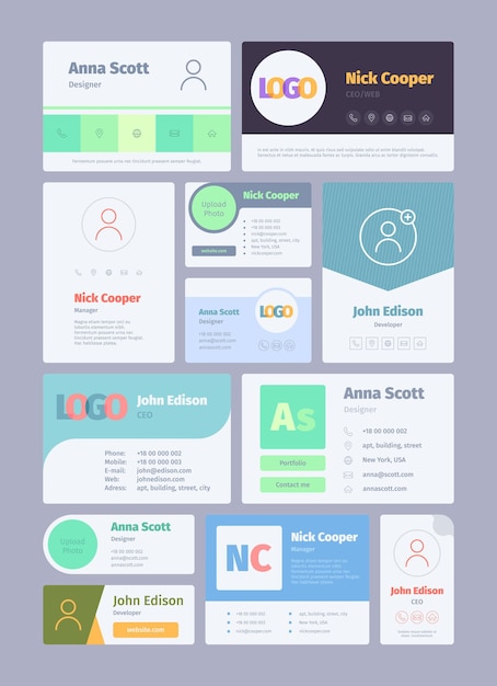 Forms for email signature. Business card for email authors emailer designs web ui garish vector template. Email signature, mail business profile illustration