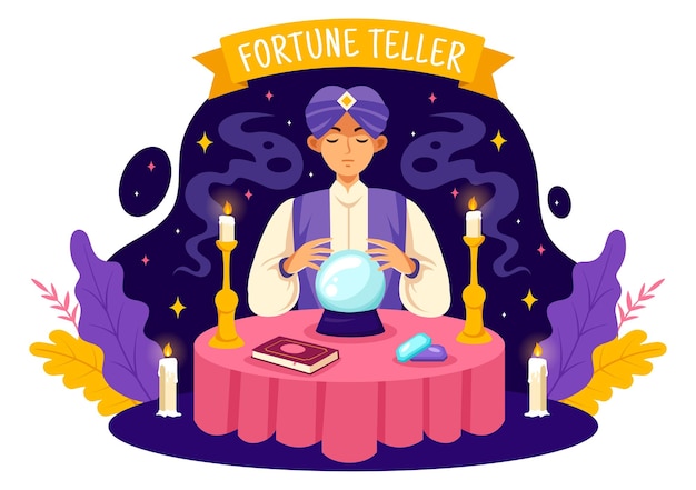 Fortune Teller Illustration with Crystal Ball or Tarot for Predicts Fate and Telling the Future