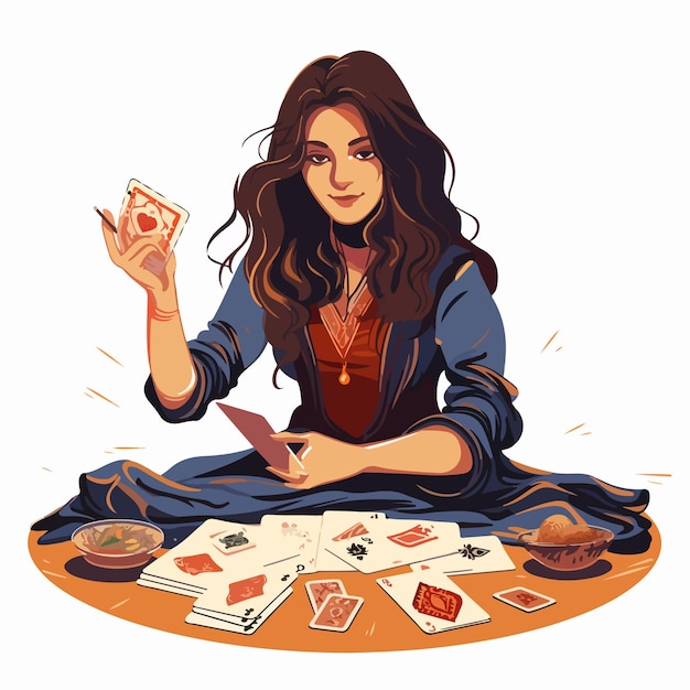 Vector fortune teller reading cards spread for tarot reading