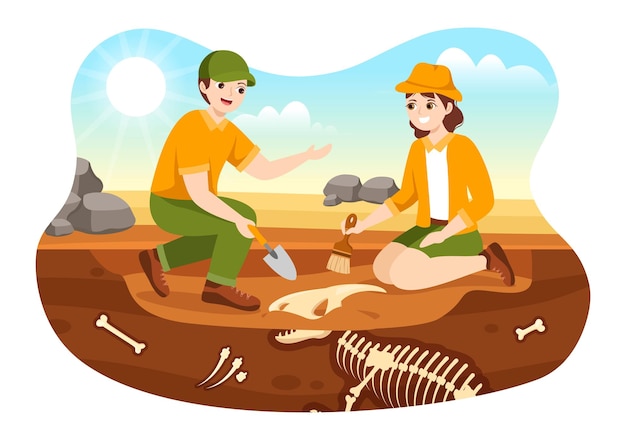 Fossil Illustration with Archaeologists Finds Dinosaur Skeletons on Excavation or Digging Soil Layer